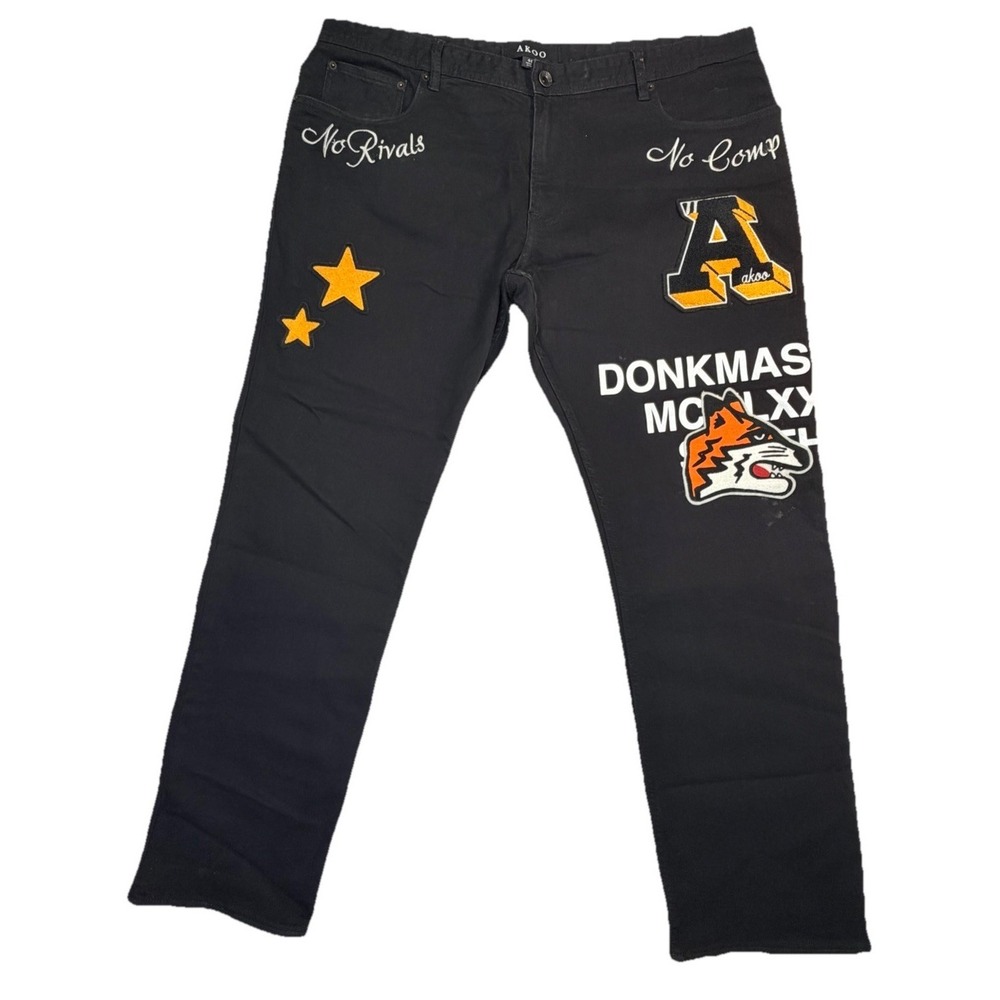 AKOO No Rivals Black Graphic Jeans Mens 40x32 Streetwear Embroidered Patches‎